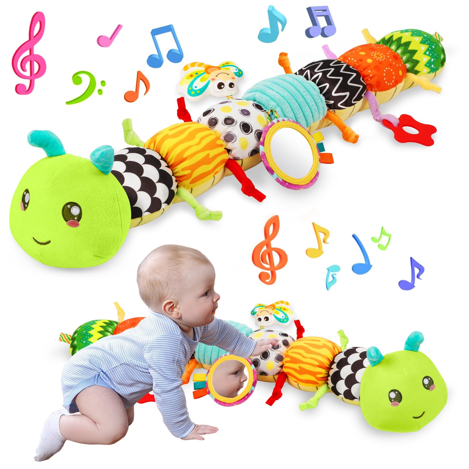 CAHILON musical caterpillar toy with mirror promotes visual tracking and auditory discovery.