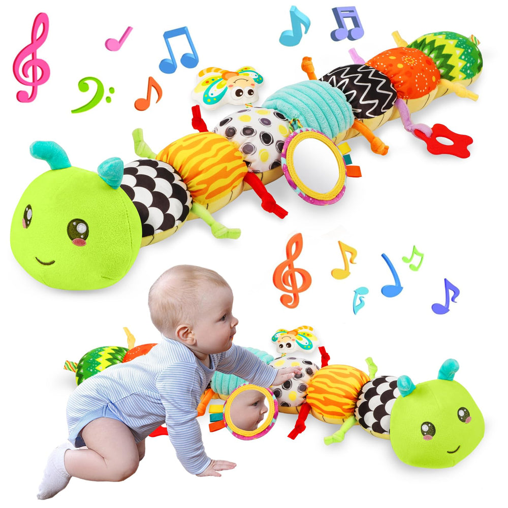 CAHILON musical caterpillar toy with mirror promotes visual tracking and auditory discovery.