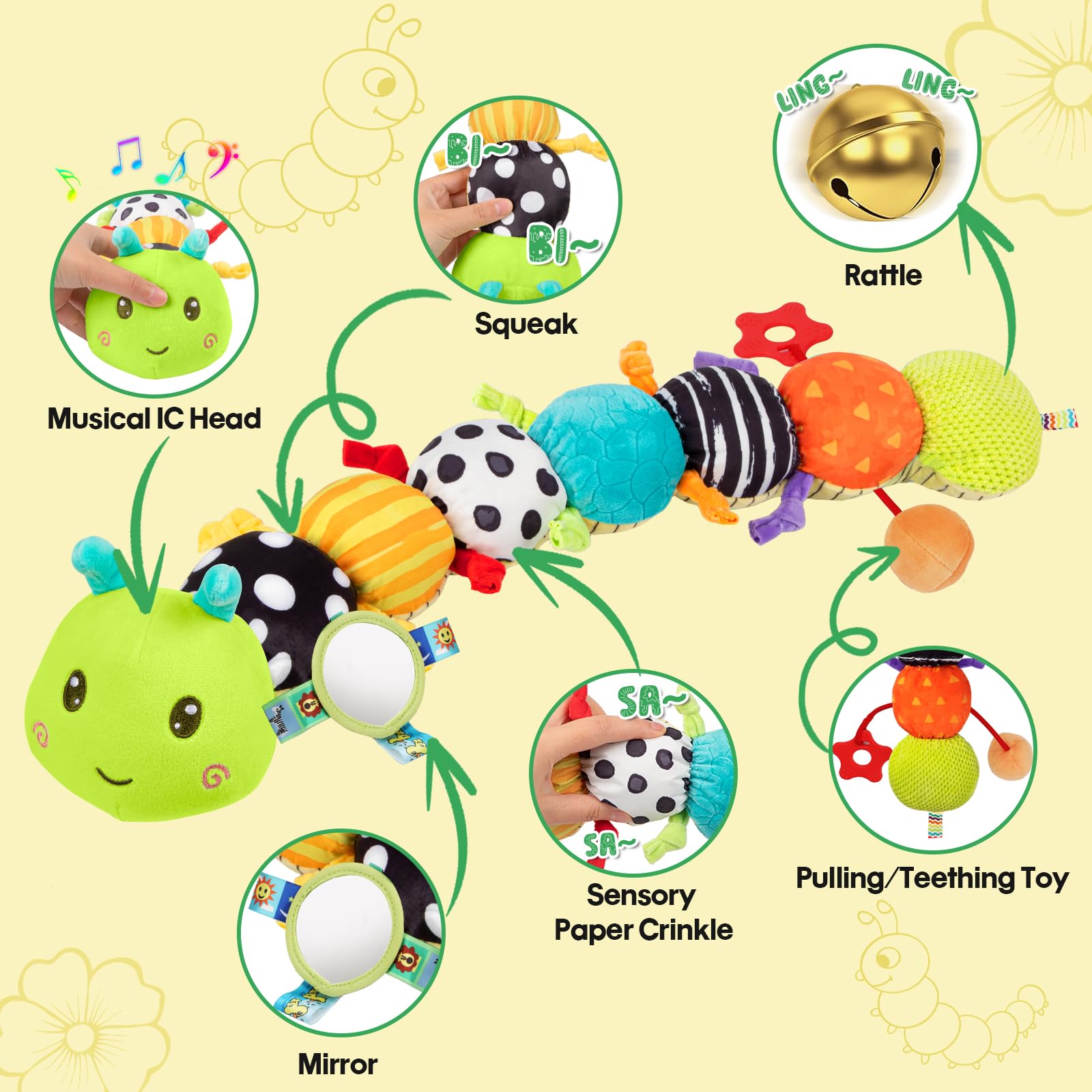 CAHILON soft plush caterpillar features crinkle textures for tactile discovery.