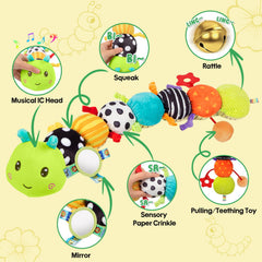 CAHILON soft plush caterpillar features crinkle textures for tactile discovery.