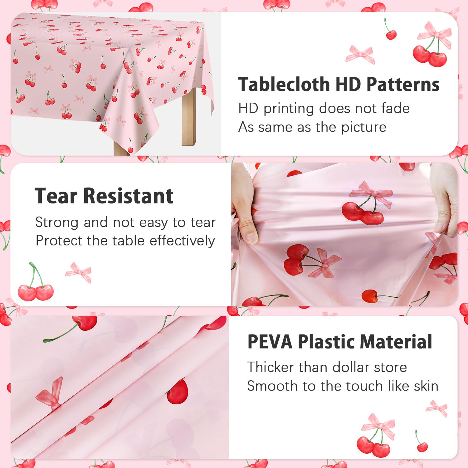 Caisehabu party decor cherry tablecloth ideas coordinate with banners and plates.