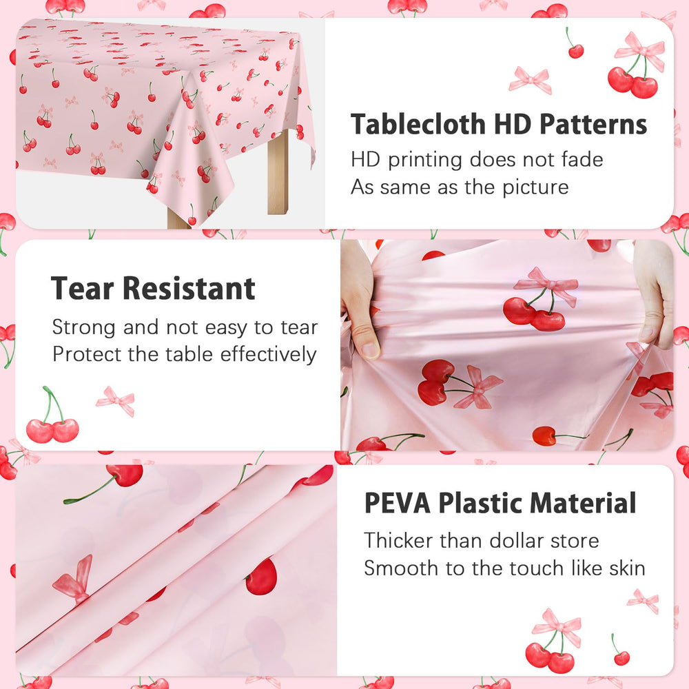 Caisehabu party decor cherry tablecloth ideas coordinate with banners and plates.