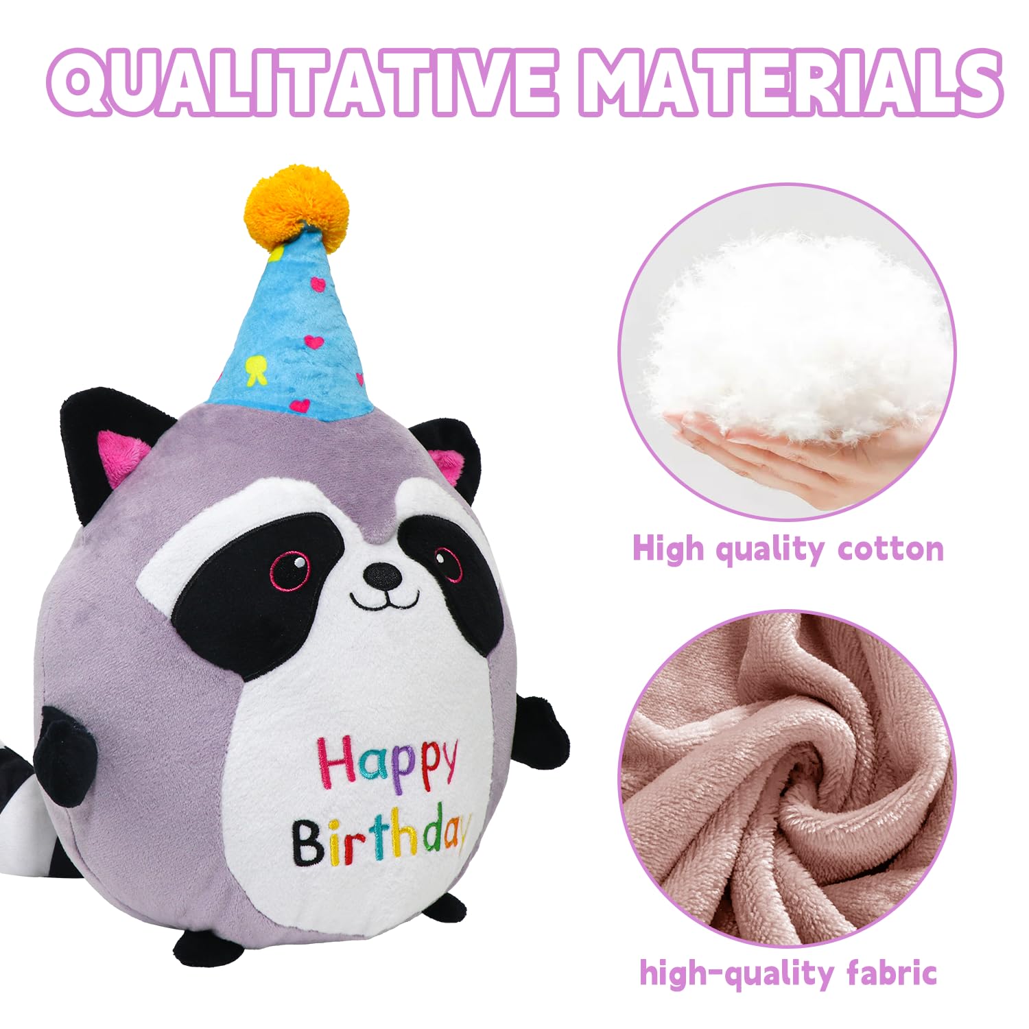 CAIYUEGG raccoon plush with happy birthday sign, playful decor