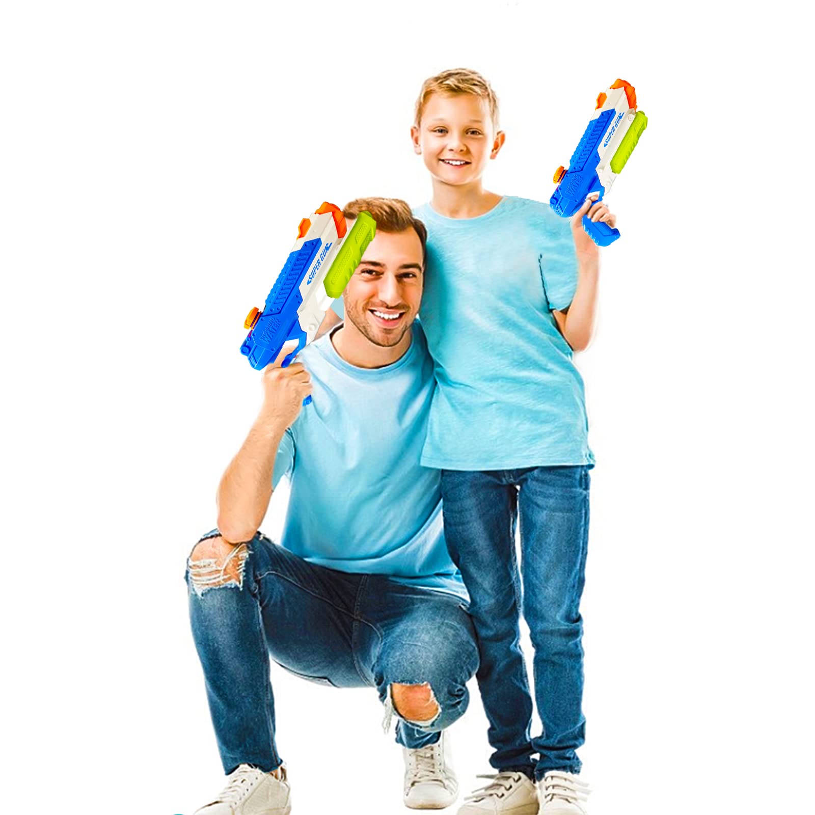 Cakuni family splash with water guns for yard or beach.