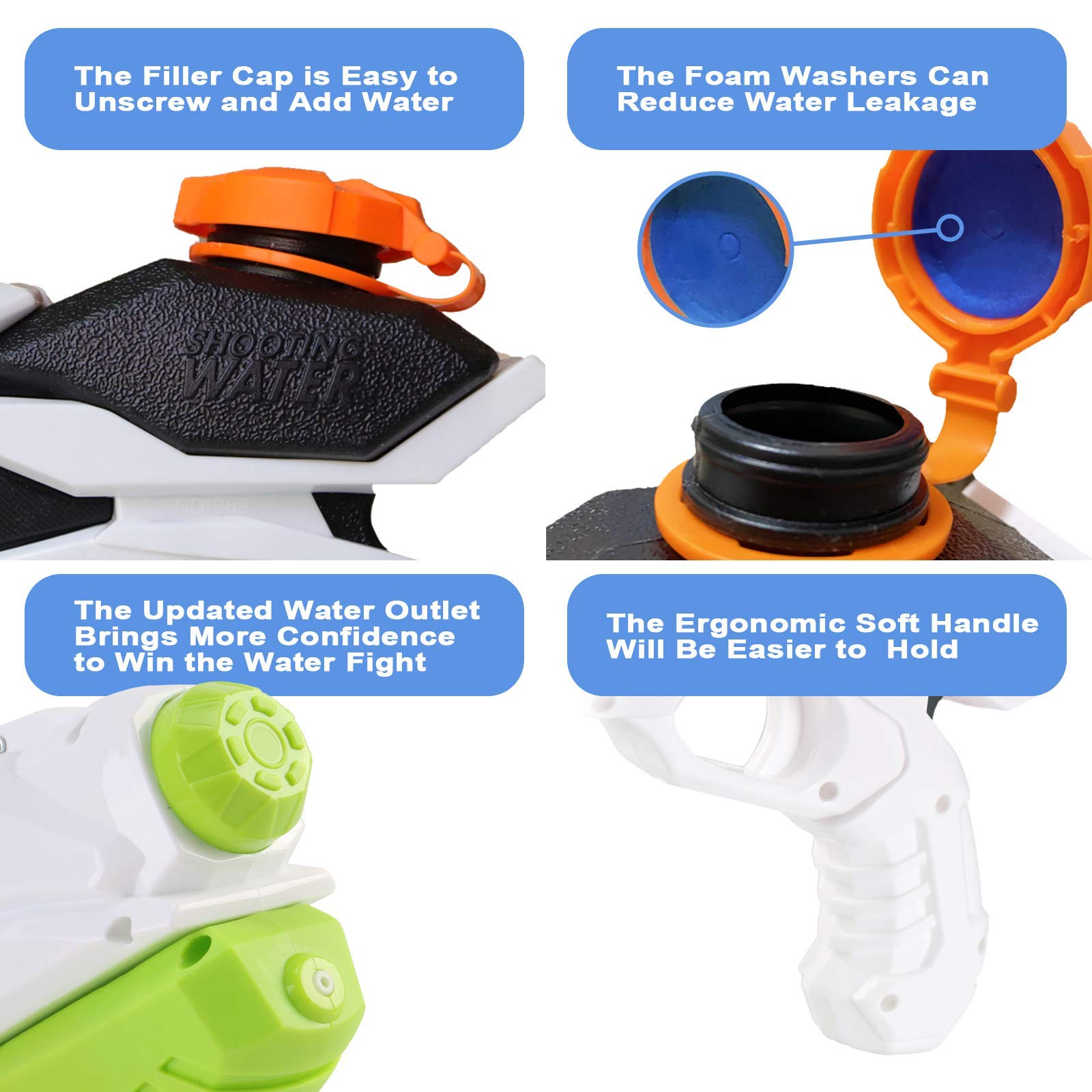 Cakuni water guns pump-action, reach up to 40 feet for dynamic play.