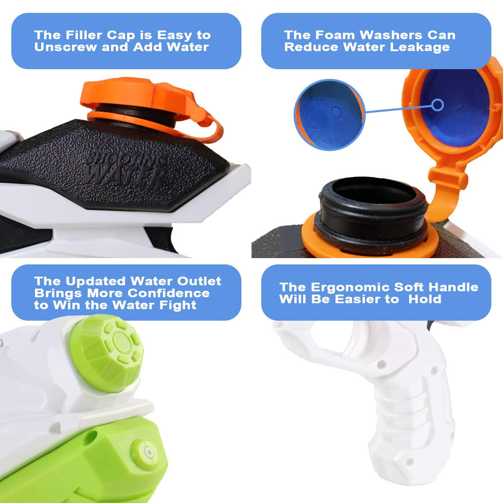 Cakuni water guns pump-action, reach up to 40 feet for dynamic play.