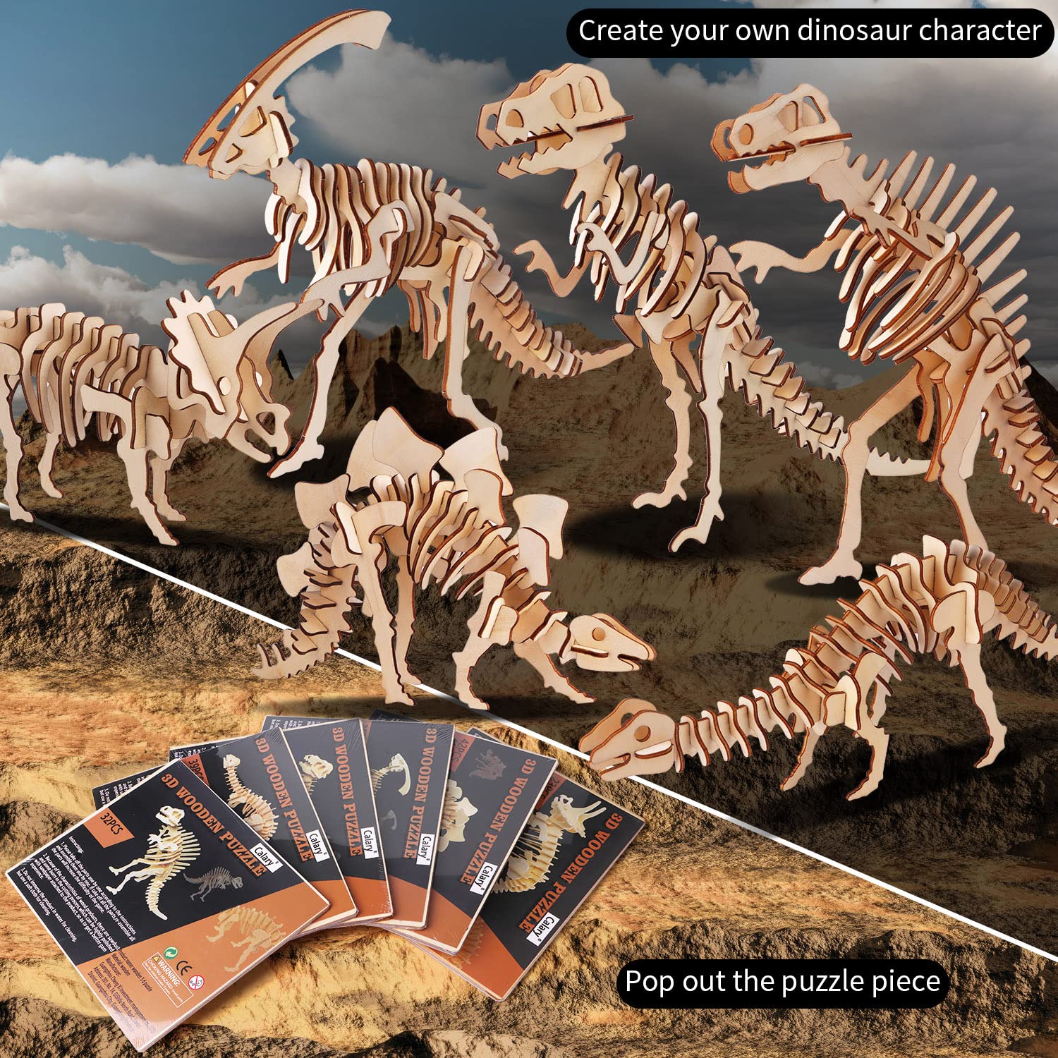 Calary 3D wooden dinosaurs: six models to assemble and display