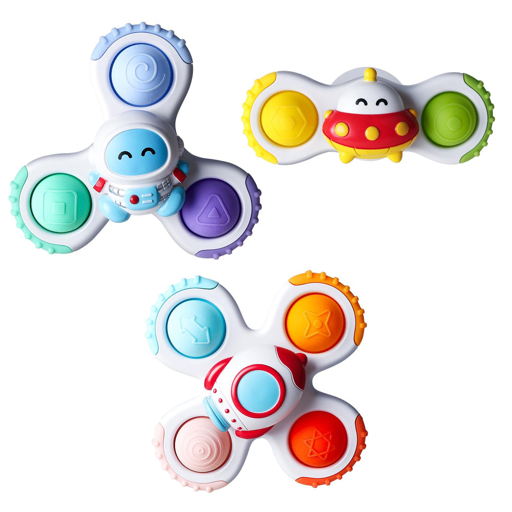 CalfQueen baby suction cup spinner toy attached to bath for sensory exploration.