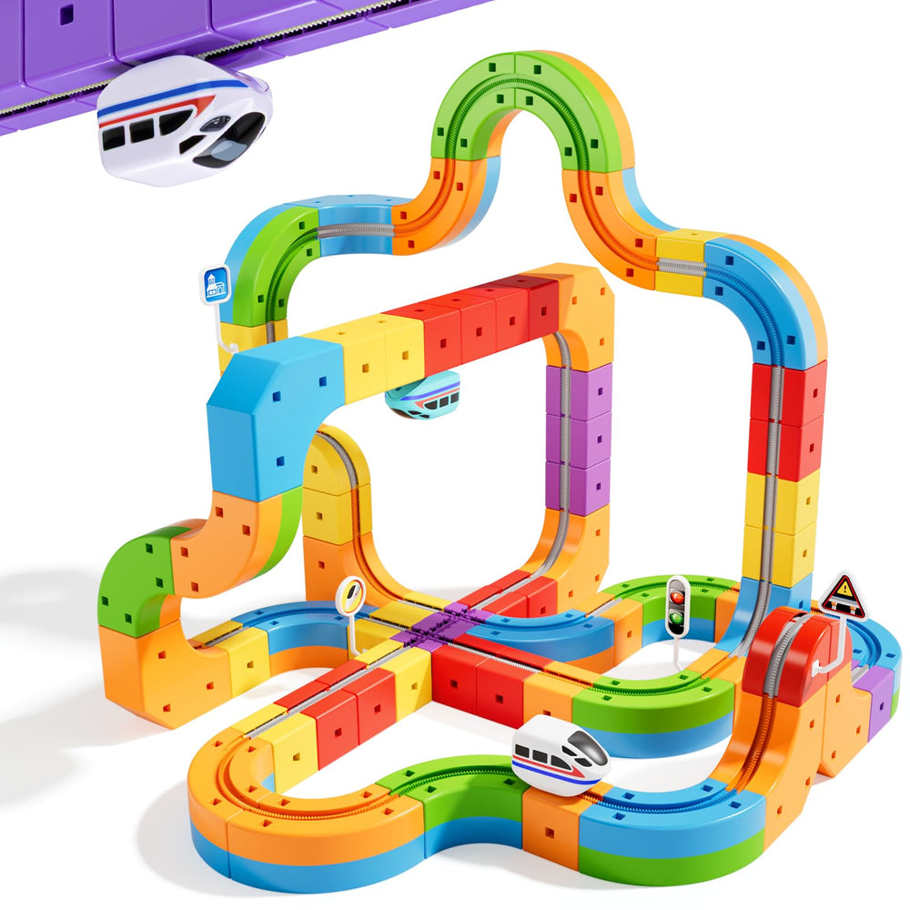 CalfQueen KlickRail assembly bundle showing modular, colorful clip-fit pieces for flexible layouts
