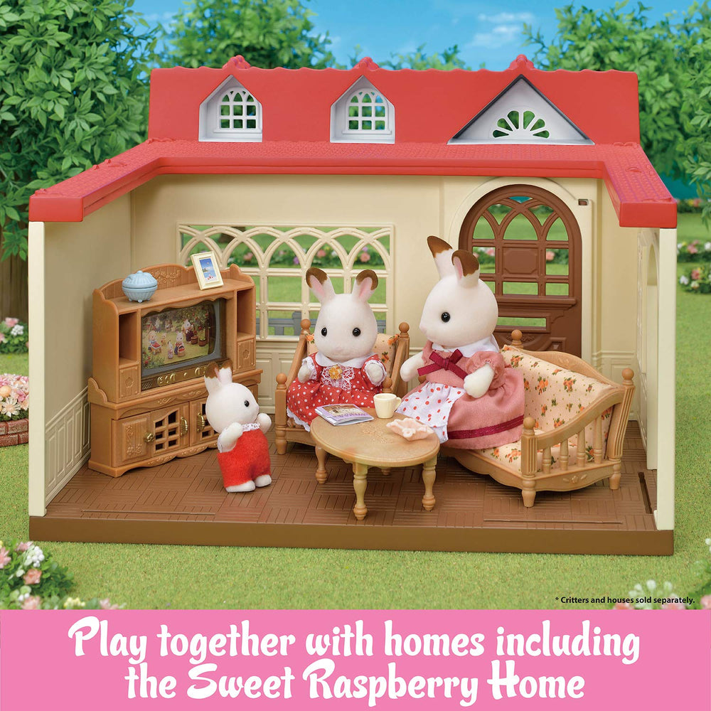 Calico Critters interchangeable materials for sofa and armchair enable quick redesigns.