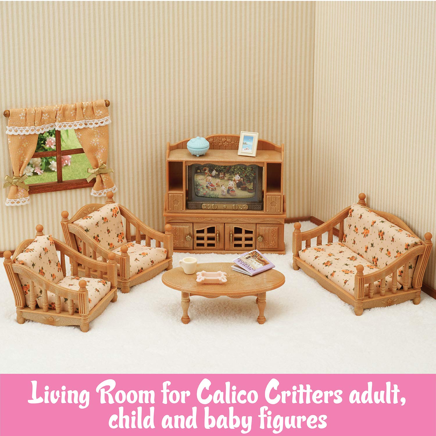 Calico Critters comfy living room table ready for family meals and games.