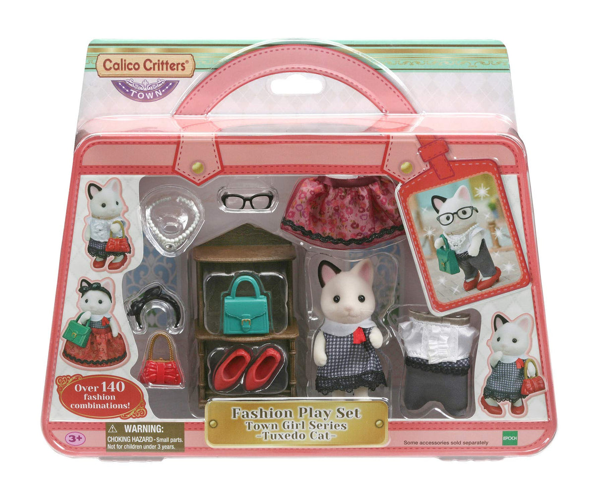 Calico Critters Fashion Playset: Tuxedo Cat Felicia wearing a chic outfit for imaginative dress-up.