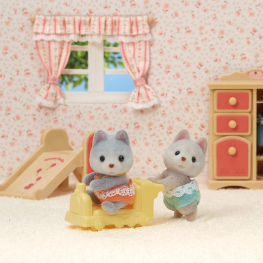 Calico Critters Husky Twins flocked figures with soft touch for little hands.