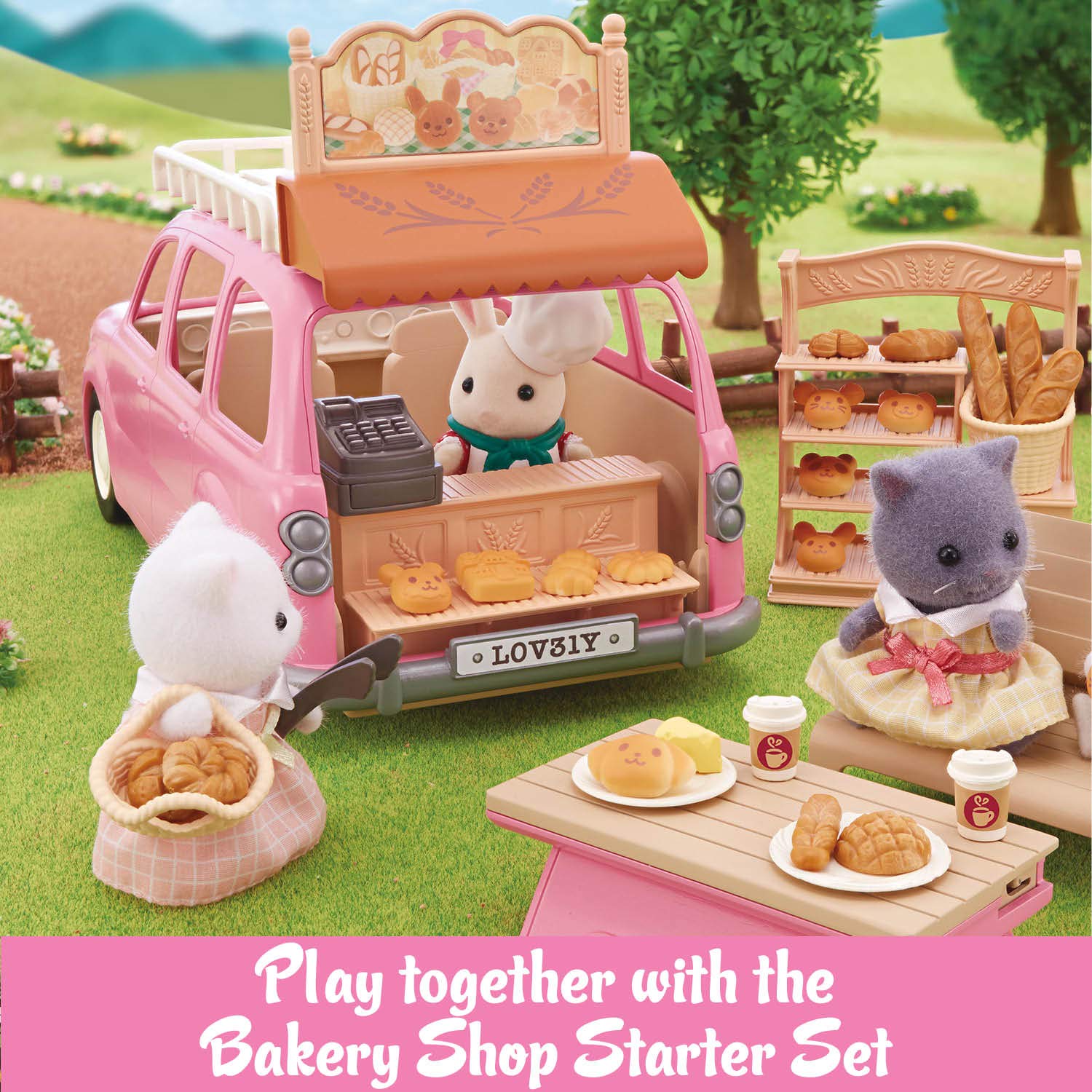Calico Critters Picnic Van steering wheel and tires for realistic play.