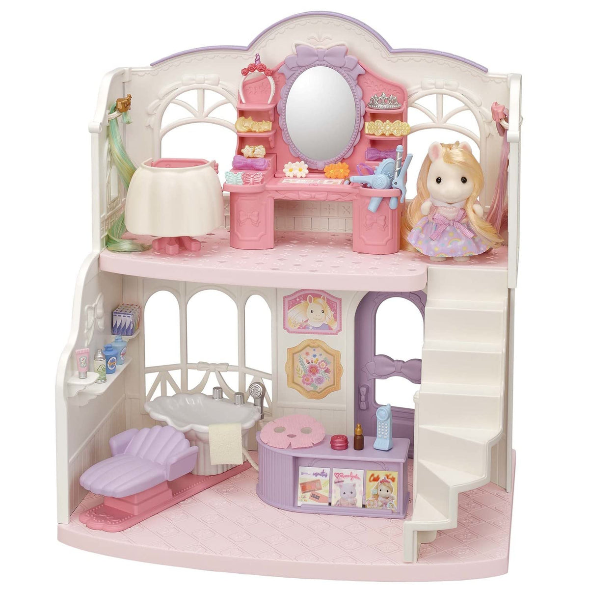 Calico Critters Pony's Stylish Hair Salon two-story setup for imaginative play and hairstyling adventures