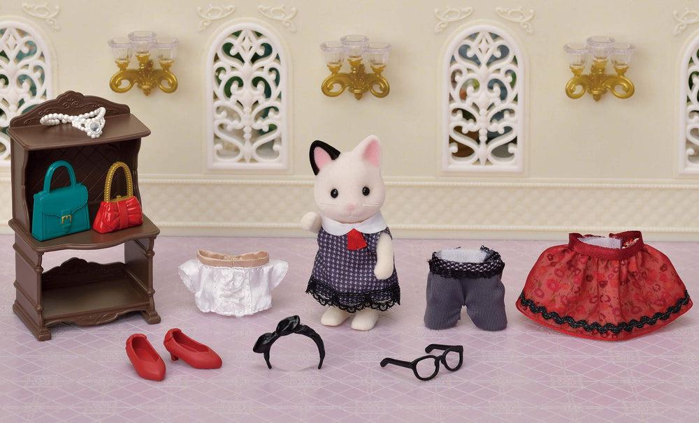 Calico Critters shelf display piece to organize outfits and keep playroom tidy.