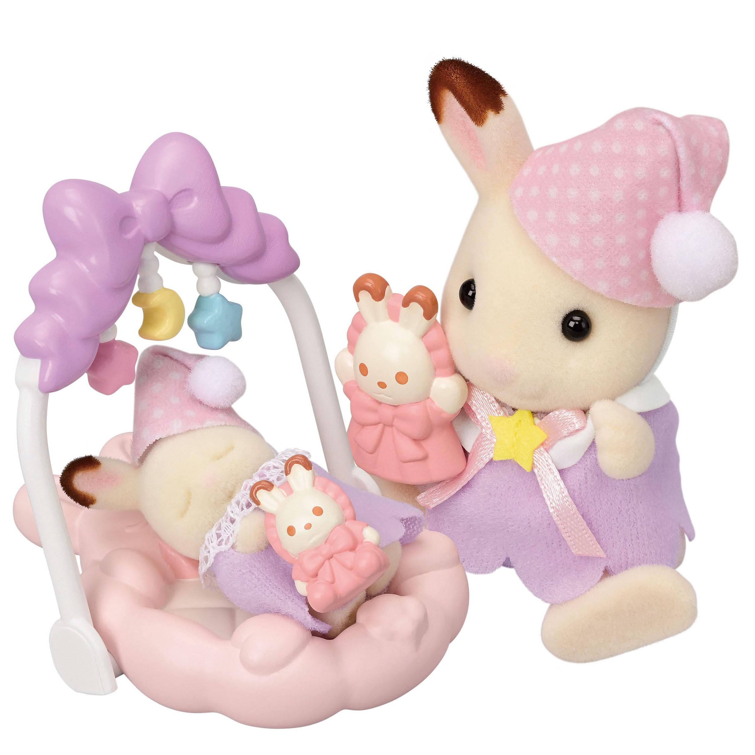 Calico Critters Sleepy Dream Siblings: Baby gym with mobile soothing cradled baby during play.
