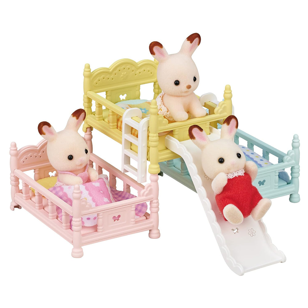 Calico Critters triple bunk beds ends view with ladders enables flexible layouts.