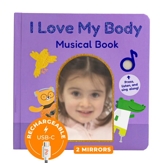 Cali's Books I Love My Body cover with Mother Moon mirror promotes self-reflection during singing.