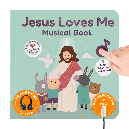 Cali's Books Jesus Loves Me music book cover inviting toddlers to explore songs.