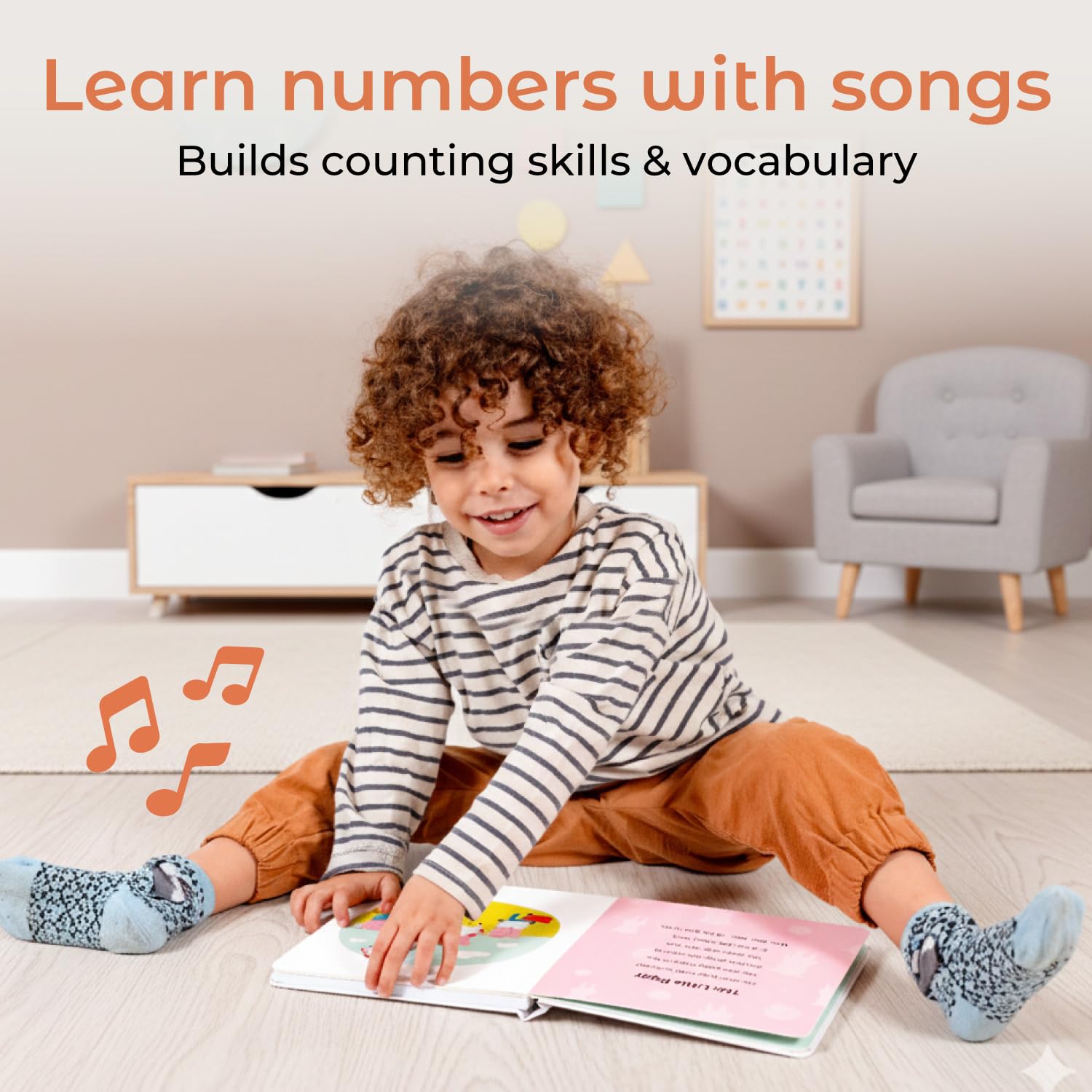 Cali's Books Number Book for Toddlers pages with songs promote musical learning in tiny hands