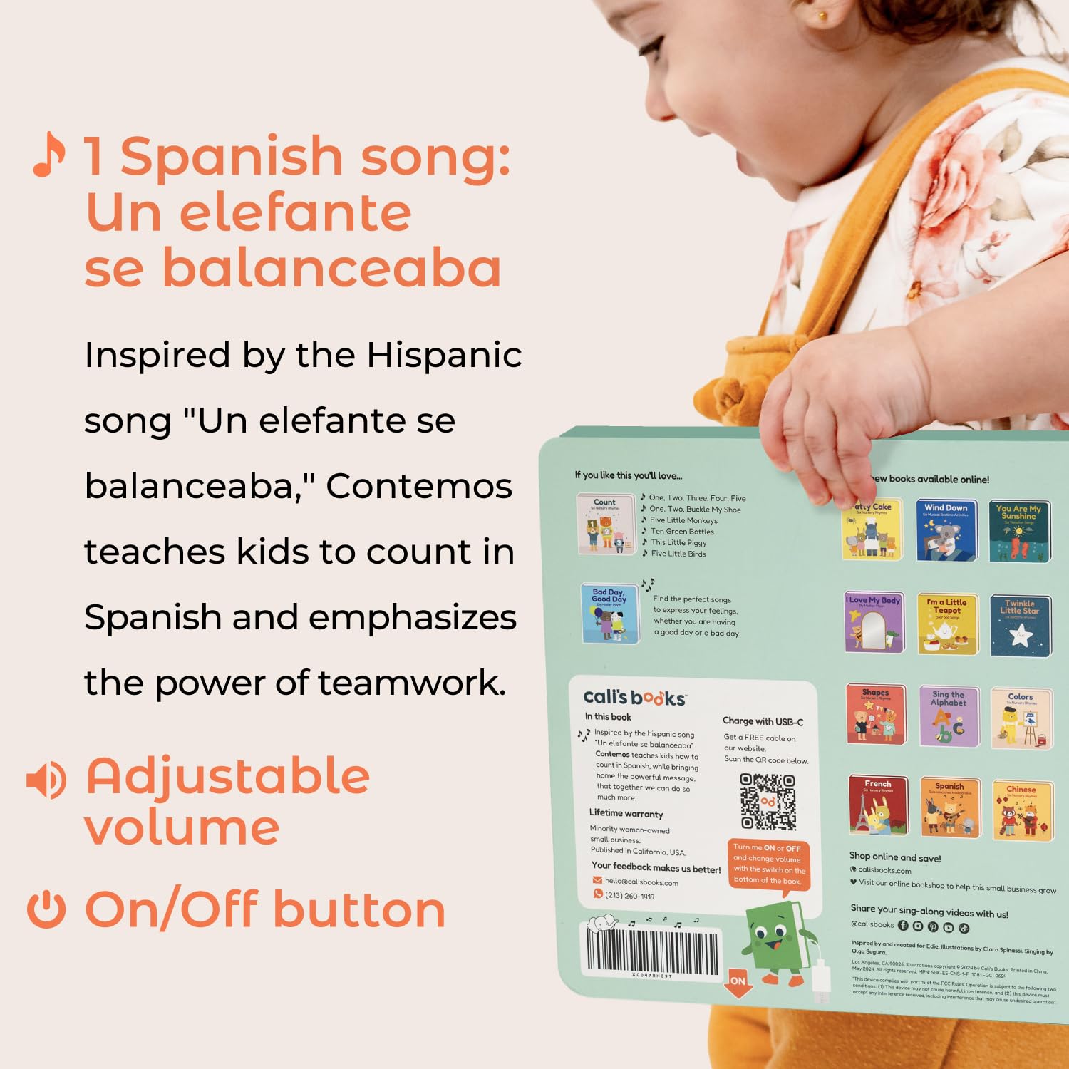 Cali's Books Spanish Count easy-on-off switch enables quiet learning.