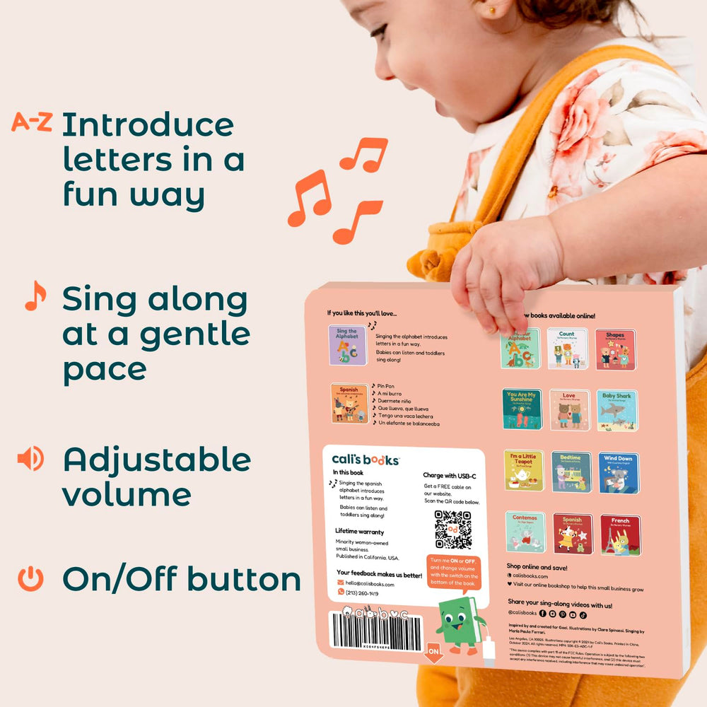 Cali's Books Spanish Nursery Rhymes batteries included with easy replacement and a back switch.