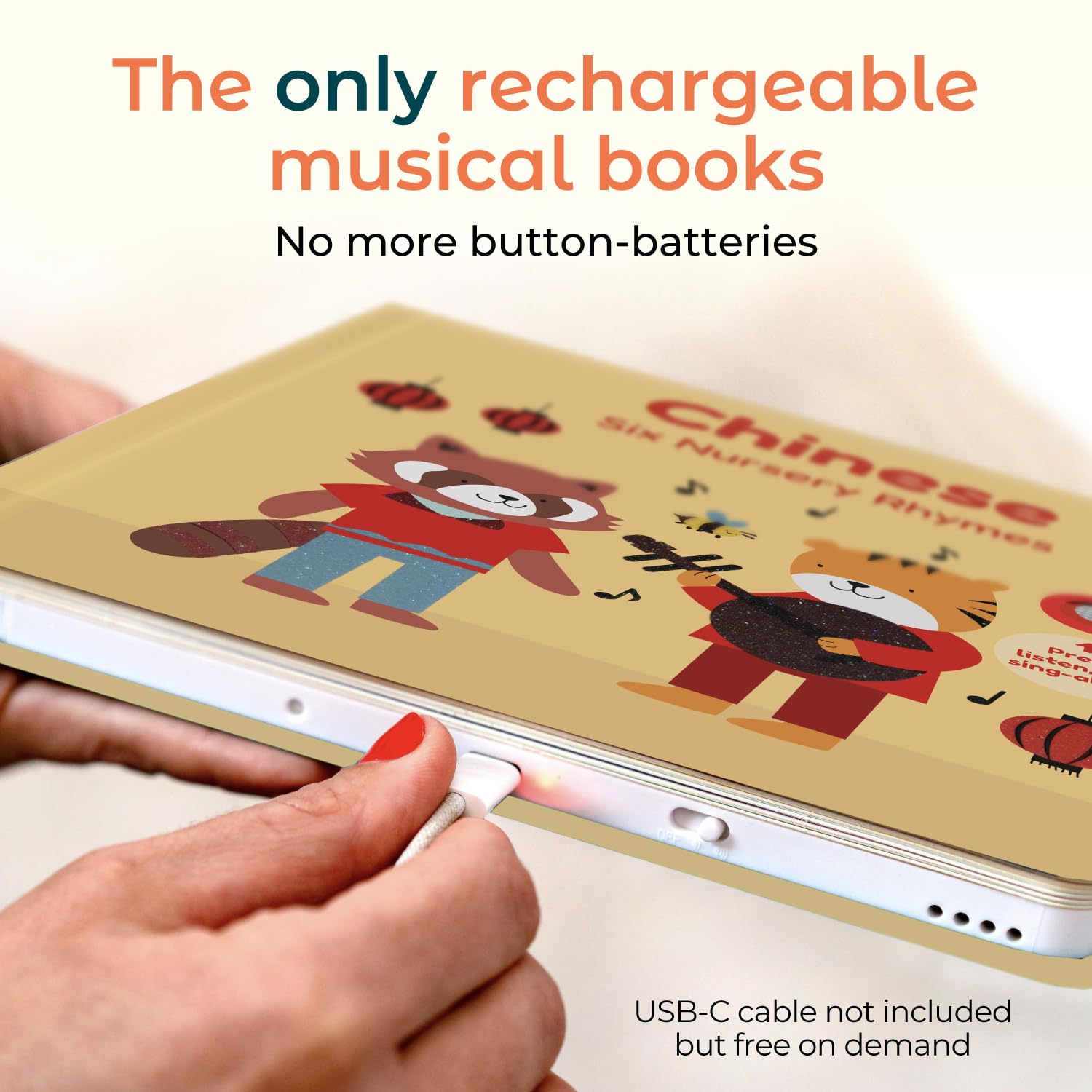 Cali's Books USB-C charging port close-up, convenient energy for playtime.