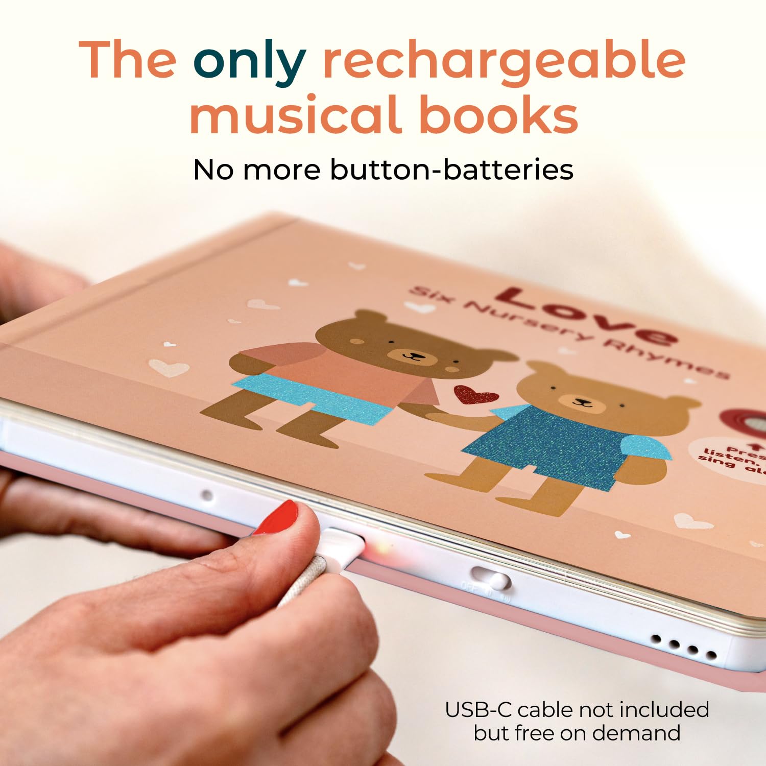 Cali's Books USB-C rechargeable feature keeps playtime going without frequent battery changes.