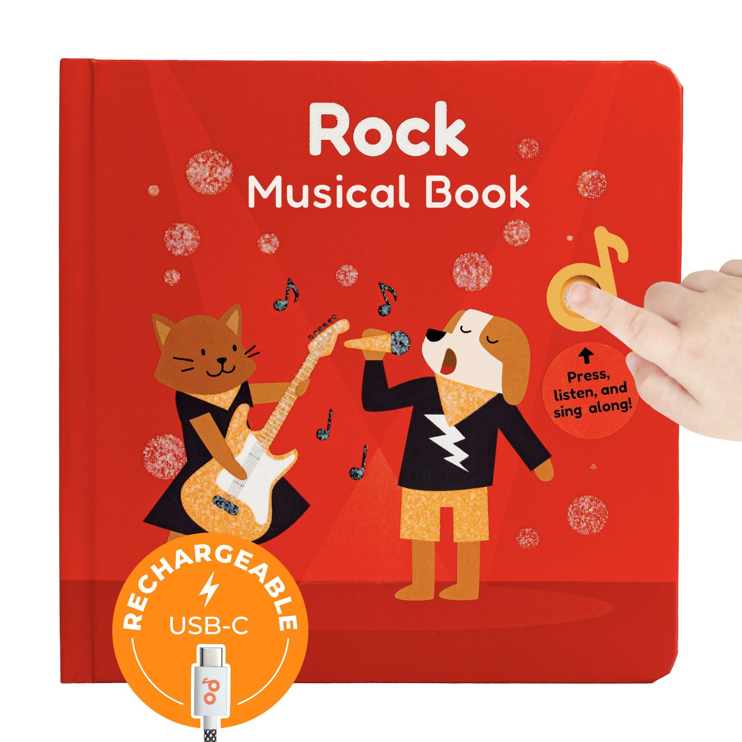 Cali's Books rock music book page with singing button boosts early learning and fine motor skills.