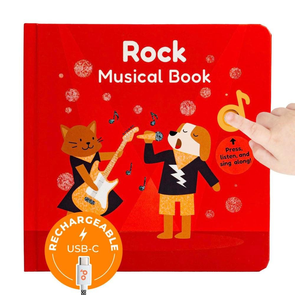Cali's Books rock music book page with singing button boosts early learning and fine motor skills.