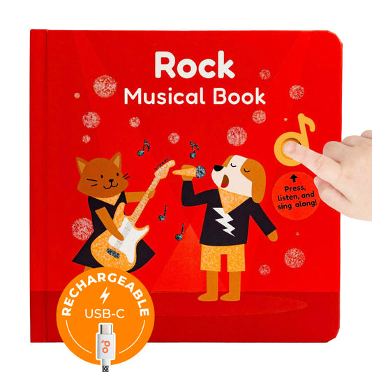 Cali's Books rock music book page with singing button boosts early learning and fine motor skills.