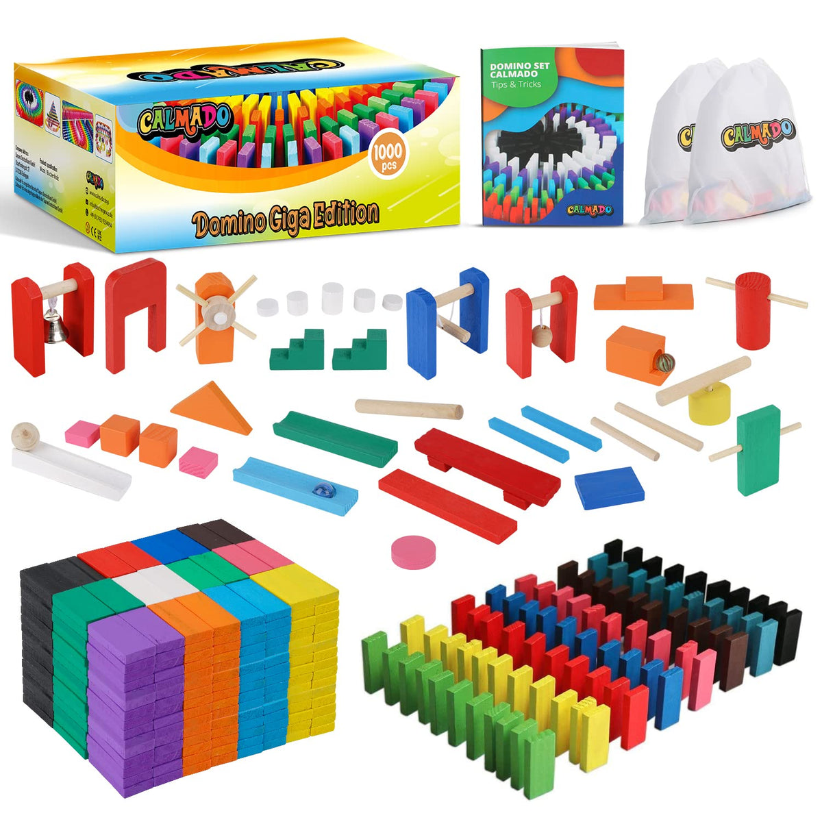 Calmado 1000-piece wooden dominoes with storage bag for easy organization.