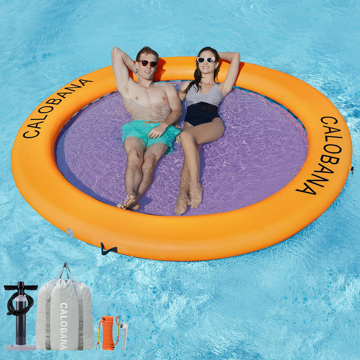 CALOBANA 8x8 floating hammock on lake island for group lounging and relaxation
