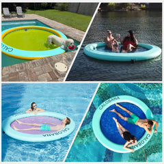 CALOBANA portable floating mat with pump shows included hand pump and carry bag.