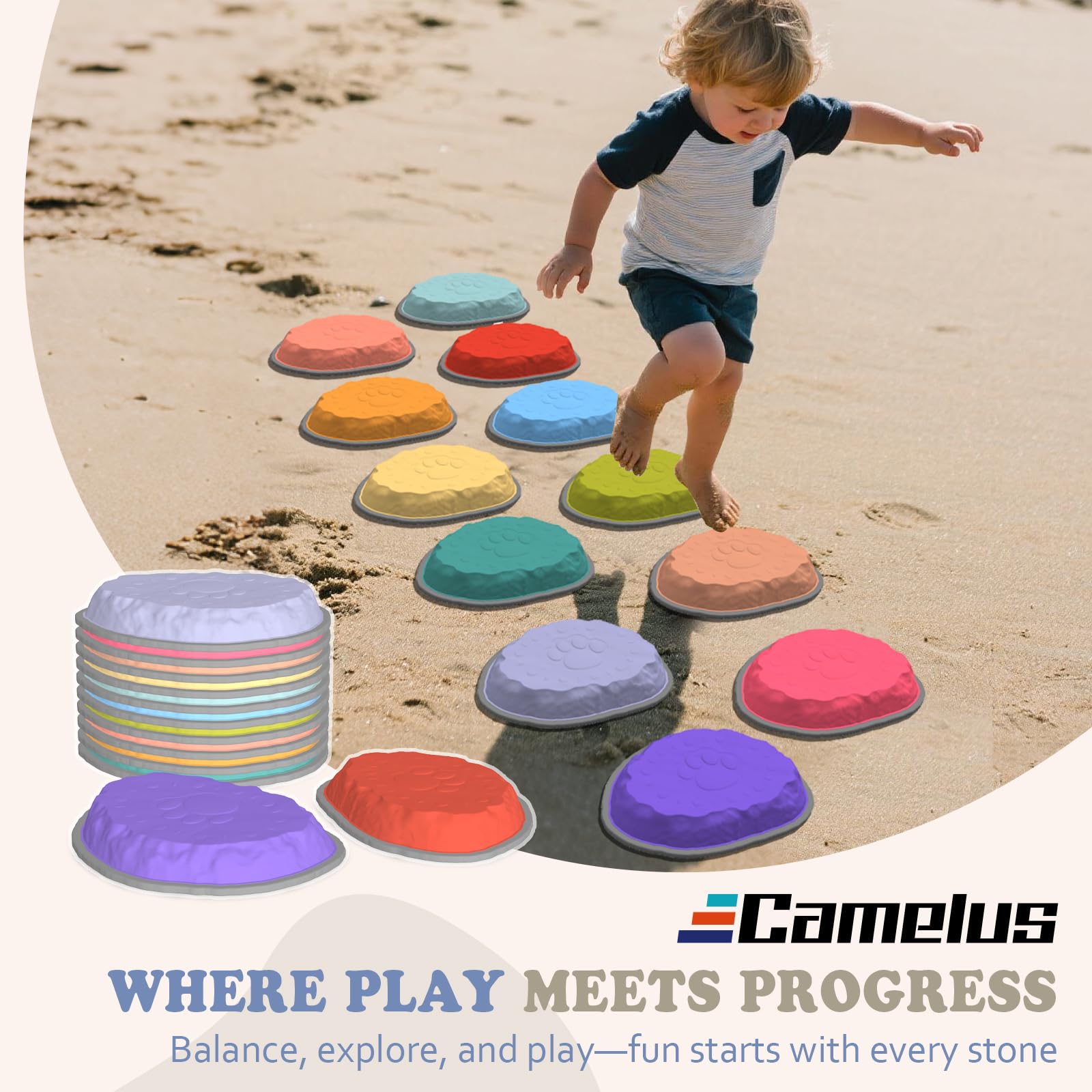 Camelus stepping stones textured top for reliable grip during active play