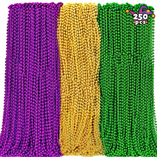 Camlinbo Mardi Gras beads in green, purple, and gold on 33-inch strands for festive wear.