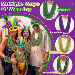 Camlinbo Mardi Gras beads worn as necklace showing 33-inch length.