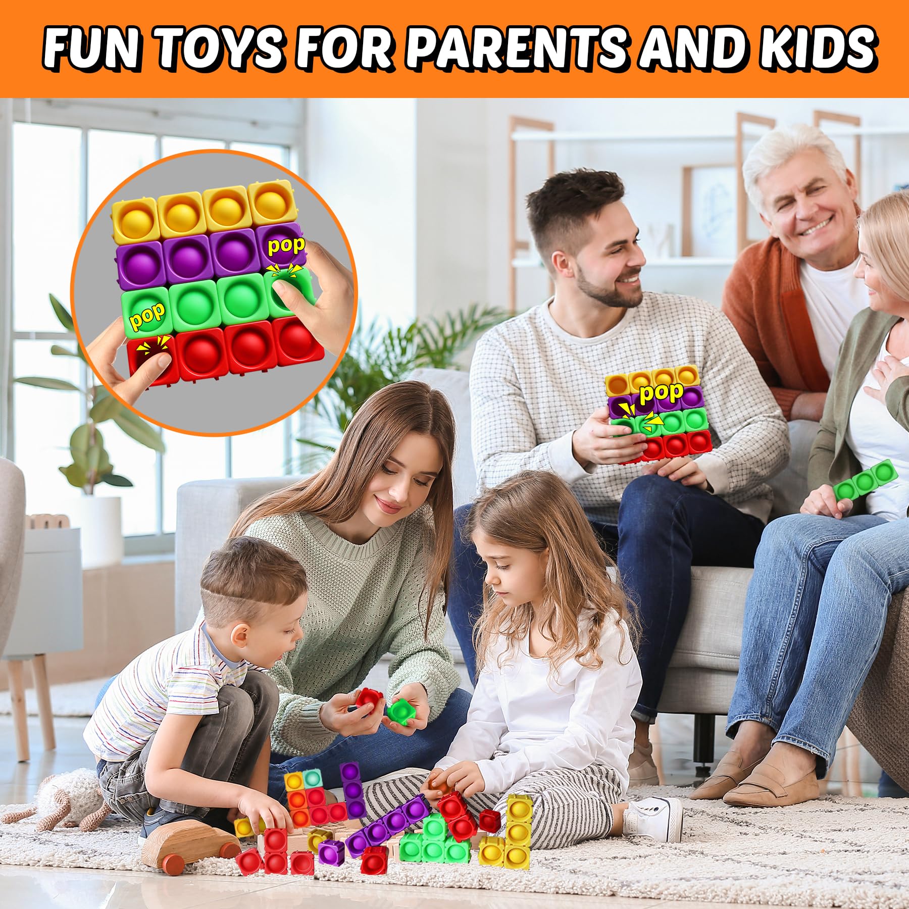 Bright silicone blocks stackable for kids and adults, supporting creative play.