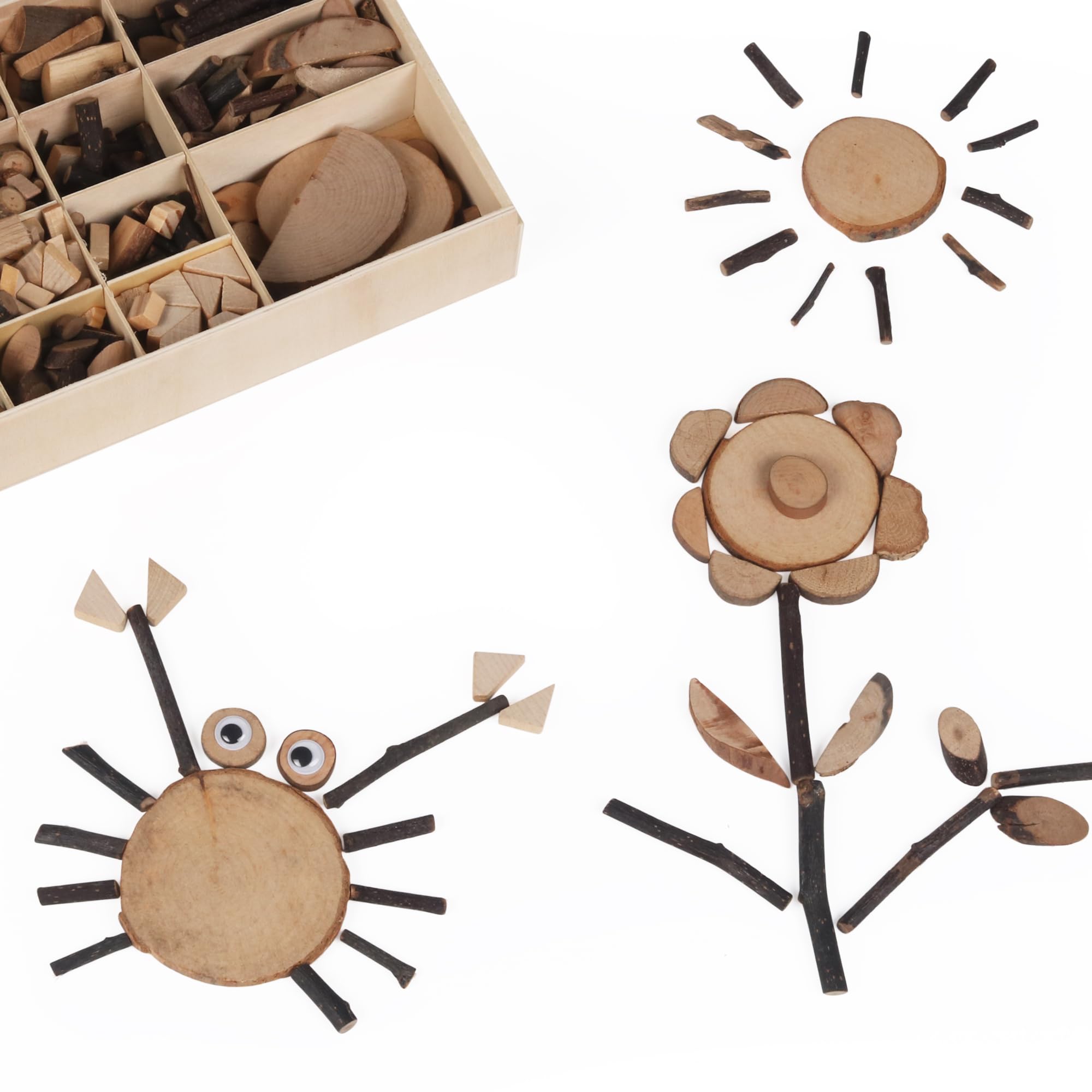 Candywood contents layout showing natural wood slices for easy sorting