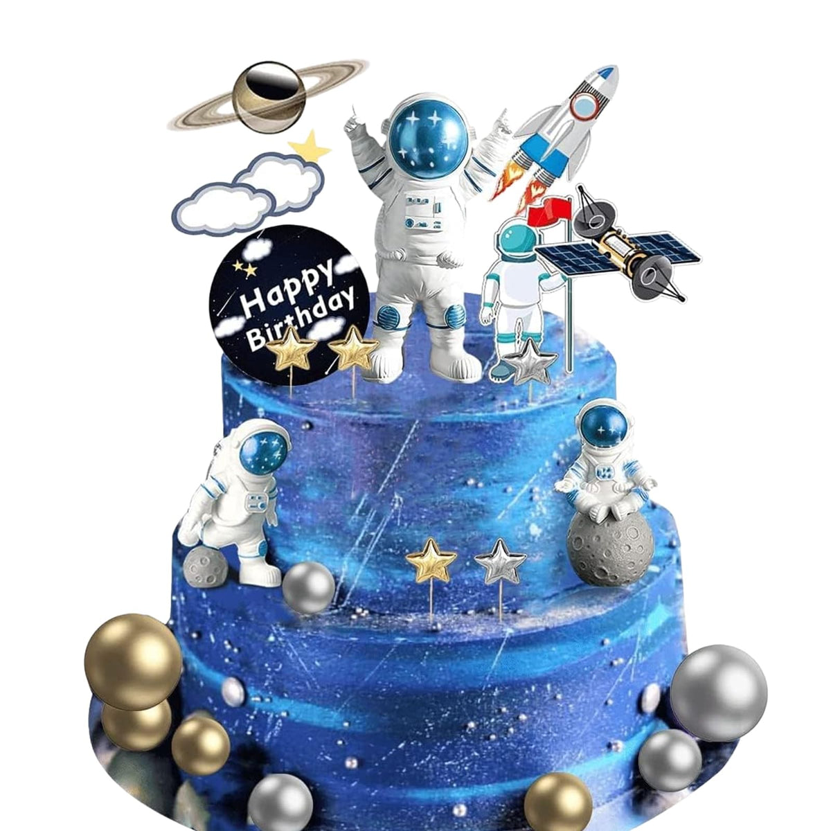 CANIPHA space cake toppers featuring blue astronaut figurines in dynamic poses for cakes.