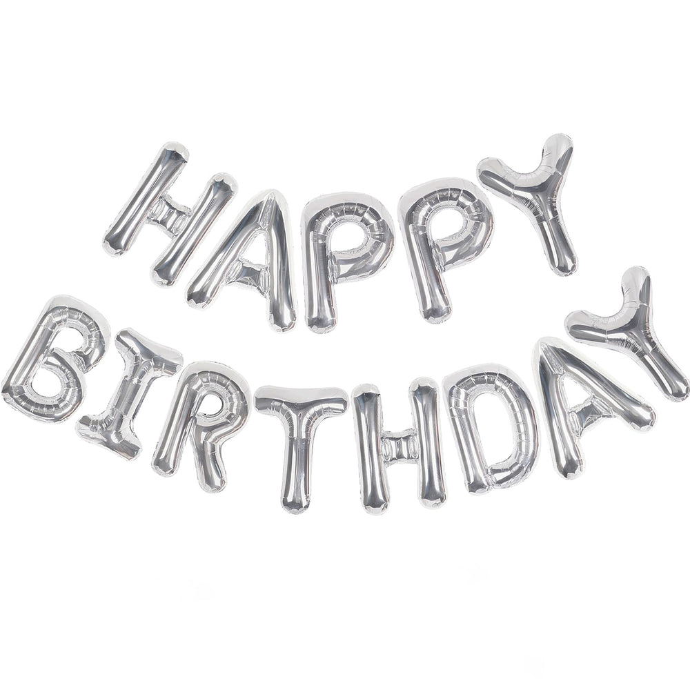 CANREVEL Happy Birthday banner 16in silver foil letters, easy to hang