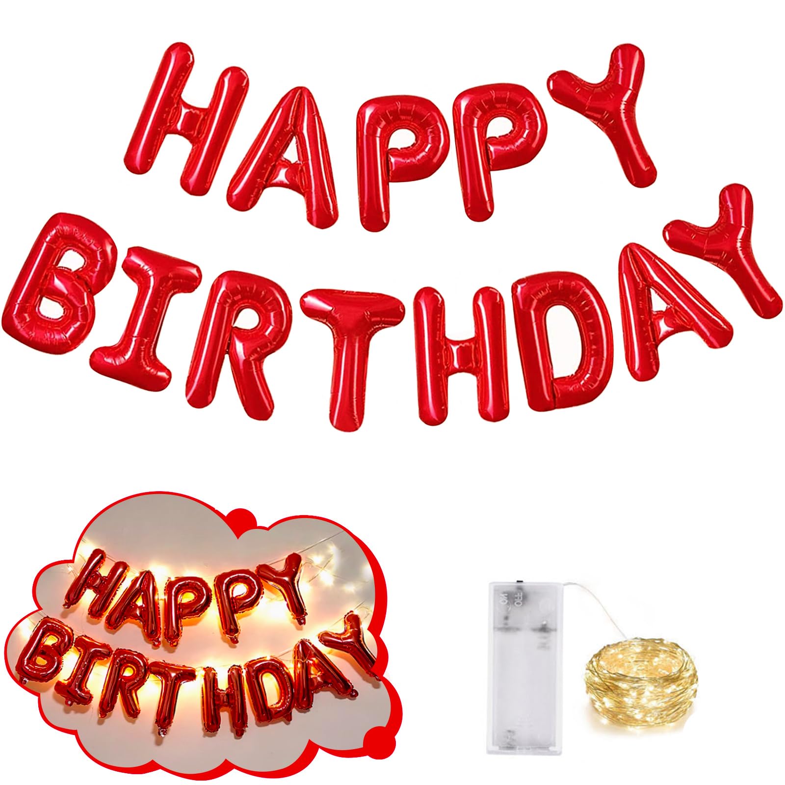 CANREVEL Happy Birthday banner with 16 inch red foil letters and LED lights for festive celebrations.