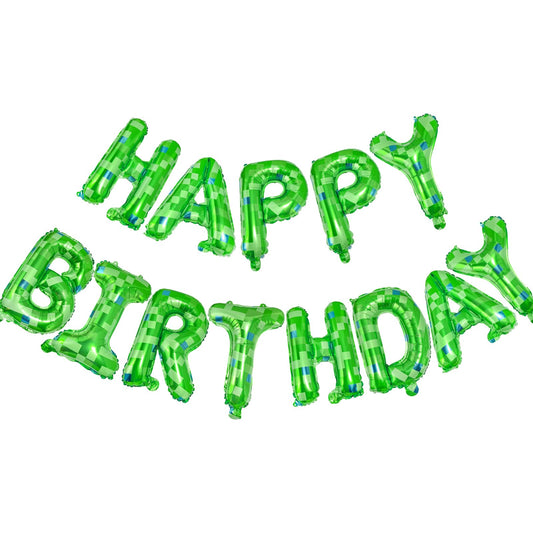 CANREVEL Happy Birthday banner letters in green pixel foil for a game-themed celebration.