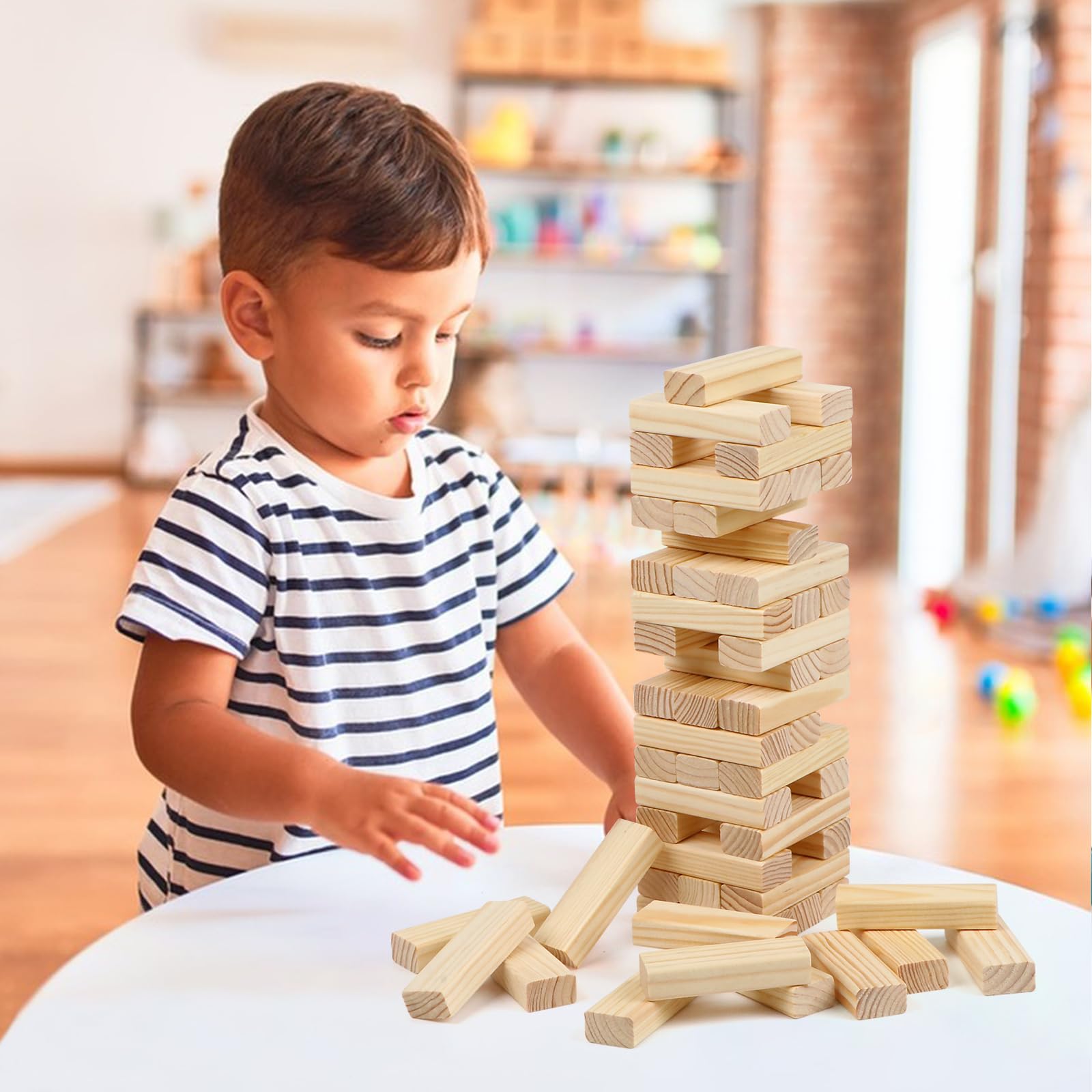 Canuan wooden blocks with storage bag ready for cleanup after play.