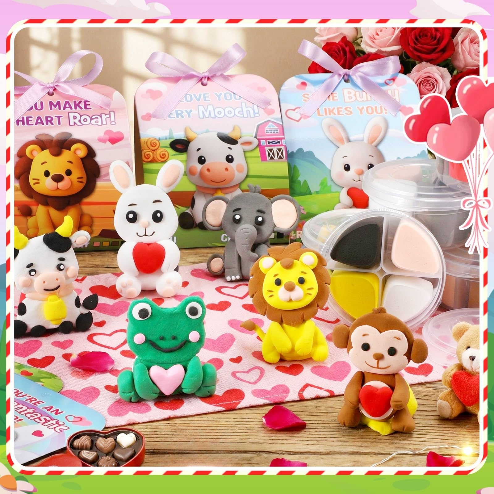 Capoda valentines clay kit cups with safety lids and four-color compartments.