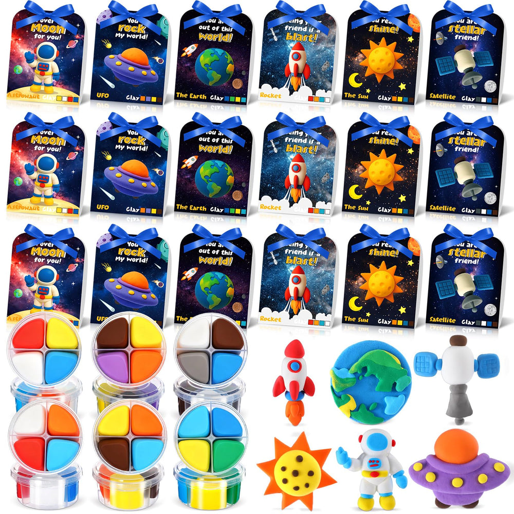 Capoda Valentines clay kit outer-space cups for kids, encouraging creative play and gift exchanges.