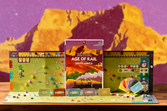Capstone Games Age of Rail South Africa board setup showing city connections for strategy.