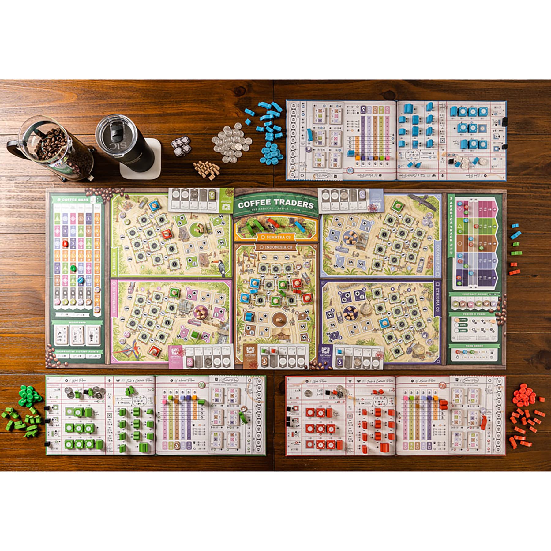 Capstone Coffee Traders player boards highlight individual strategies for 3–5 players