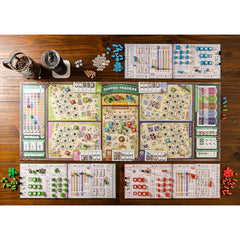 Capstone Coffee Traders player boards highlight individual strategies for 3–5 players
